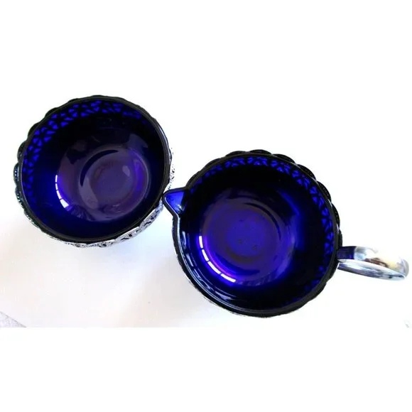 Cobalt Blue Glass and Silver Quality Plate Sugar and Creamer Set - England VTG - Picture 16 of 16